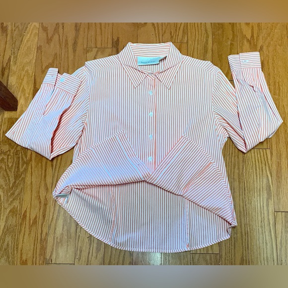 Vtg Women’s Petite Medium Button Front Orange White Striped Susan Bristol Shirt - Picture 10 of 13